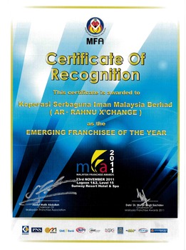 Certificate of Recognition Emerging Franchisee of The Year 2011
