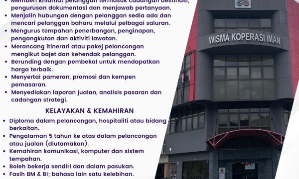 Jawatan Kosong: Pegawai Jualan (Pelancongan)